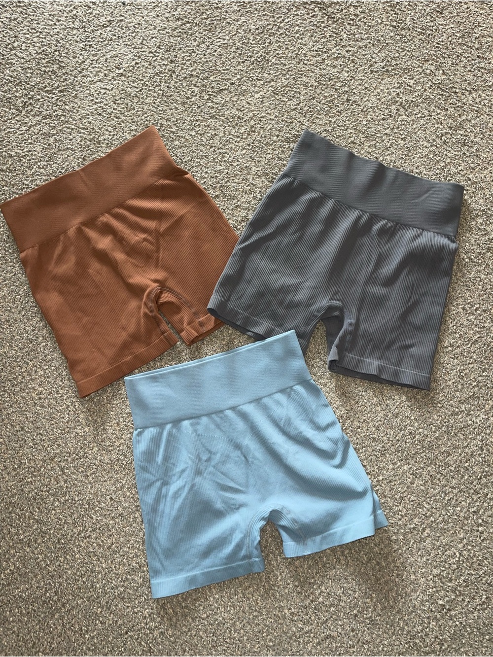OQQ Women’s High-Waist Ribbed Bike Shorts — Blue, Brown, Gray